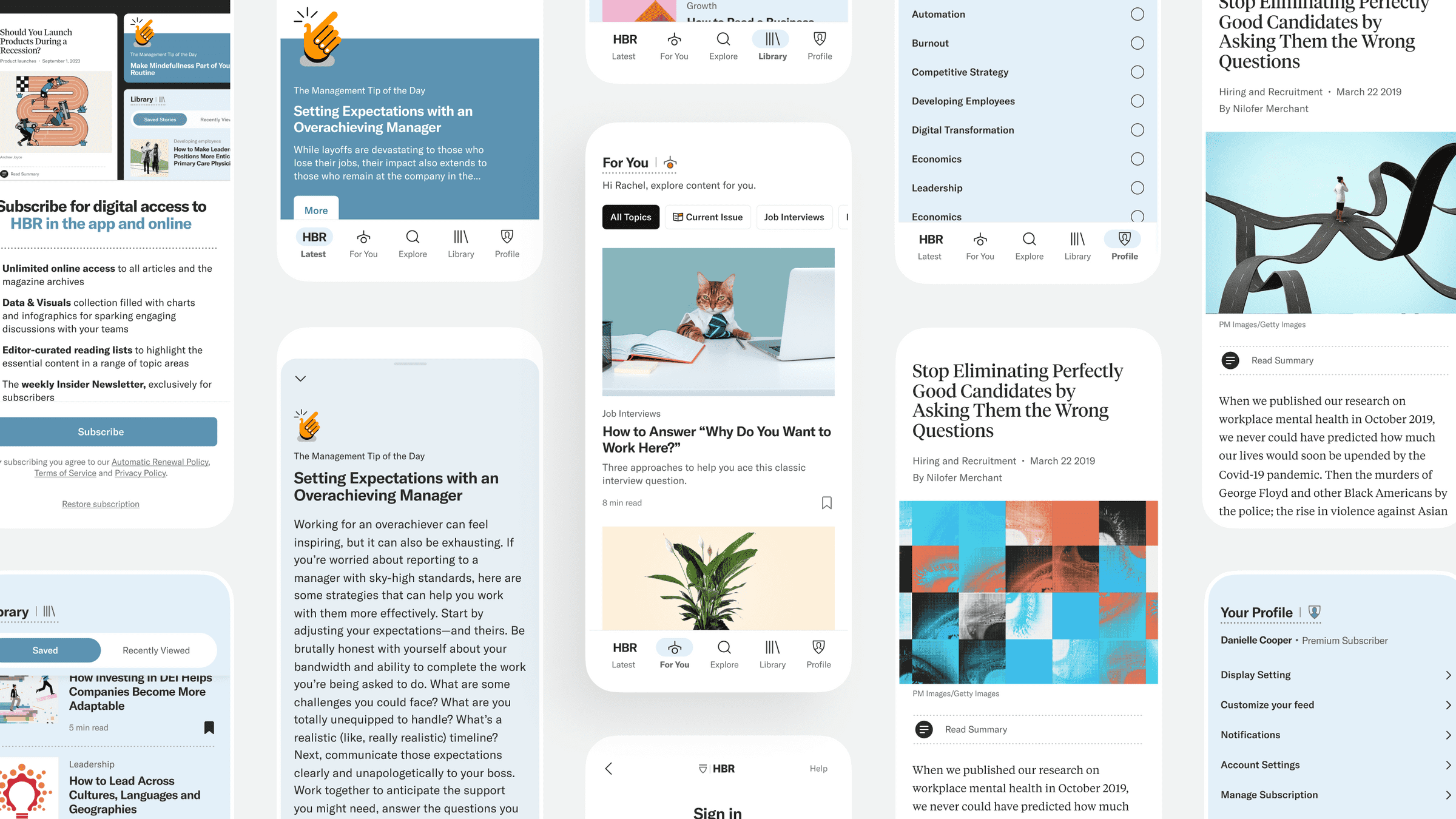 Screenshots of the new HBR mobile app arranged in a grid