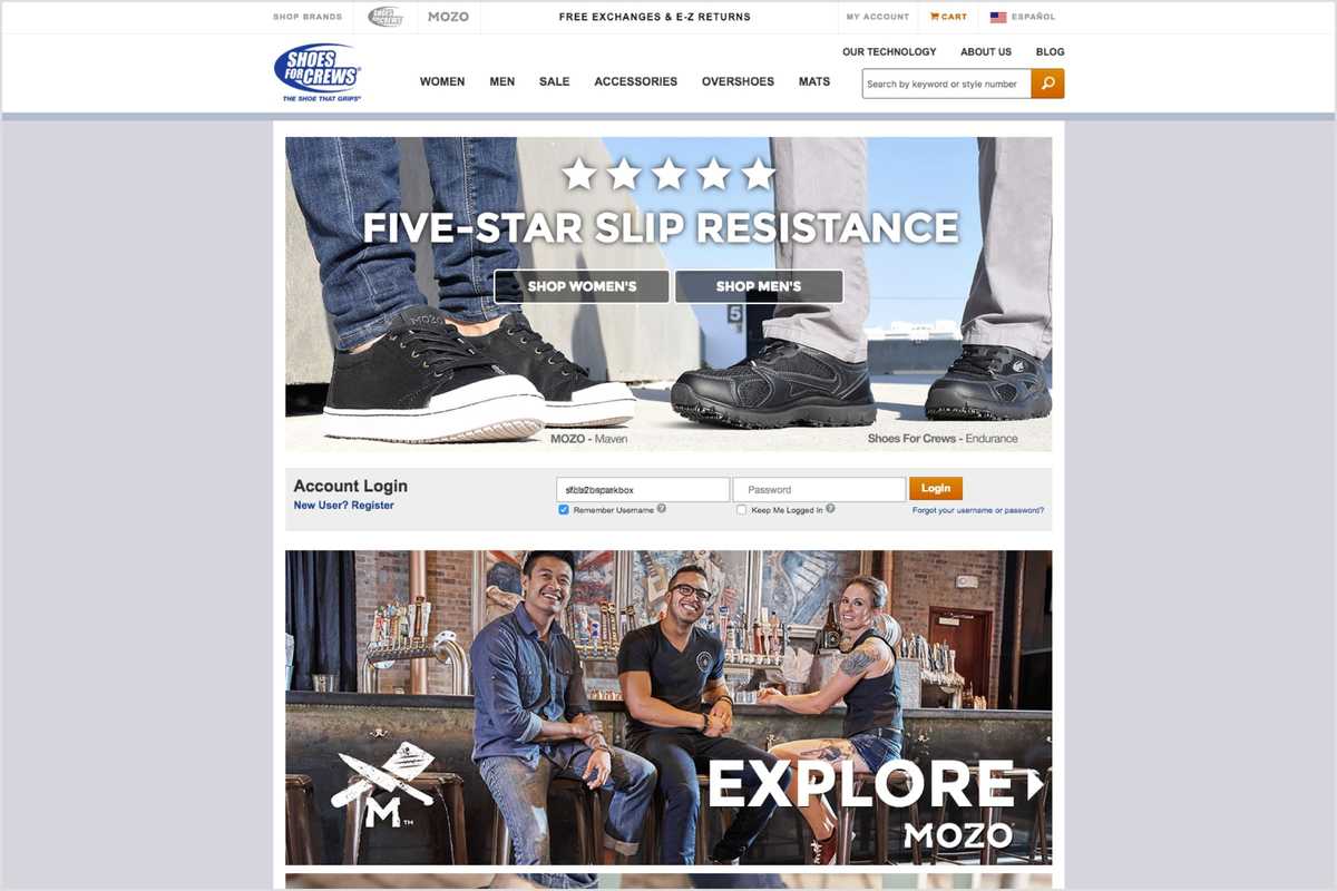 A screenshot of the Shoes For Crews website homepage before this project. The brand is older looking and the site is not responsive.