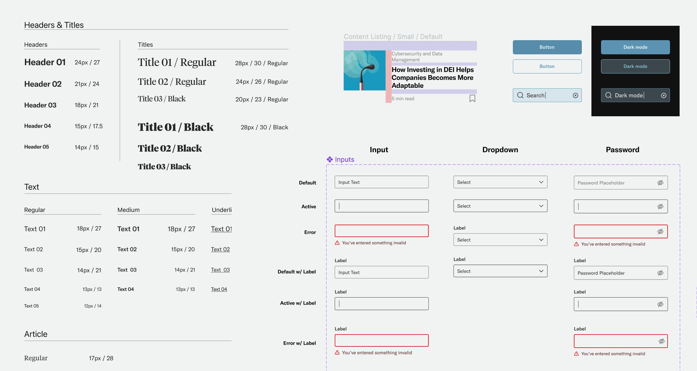 Various text and input styles used while designing the HBR app.