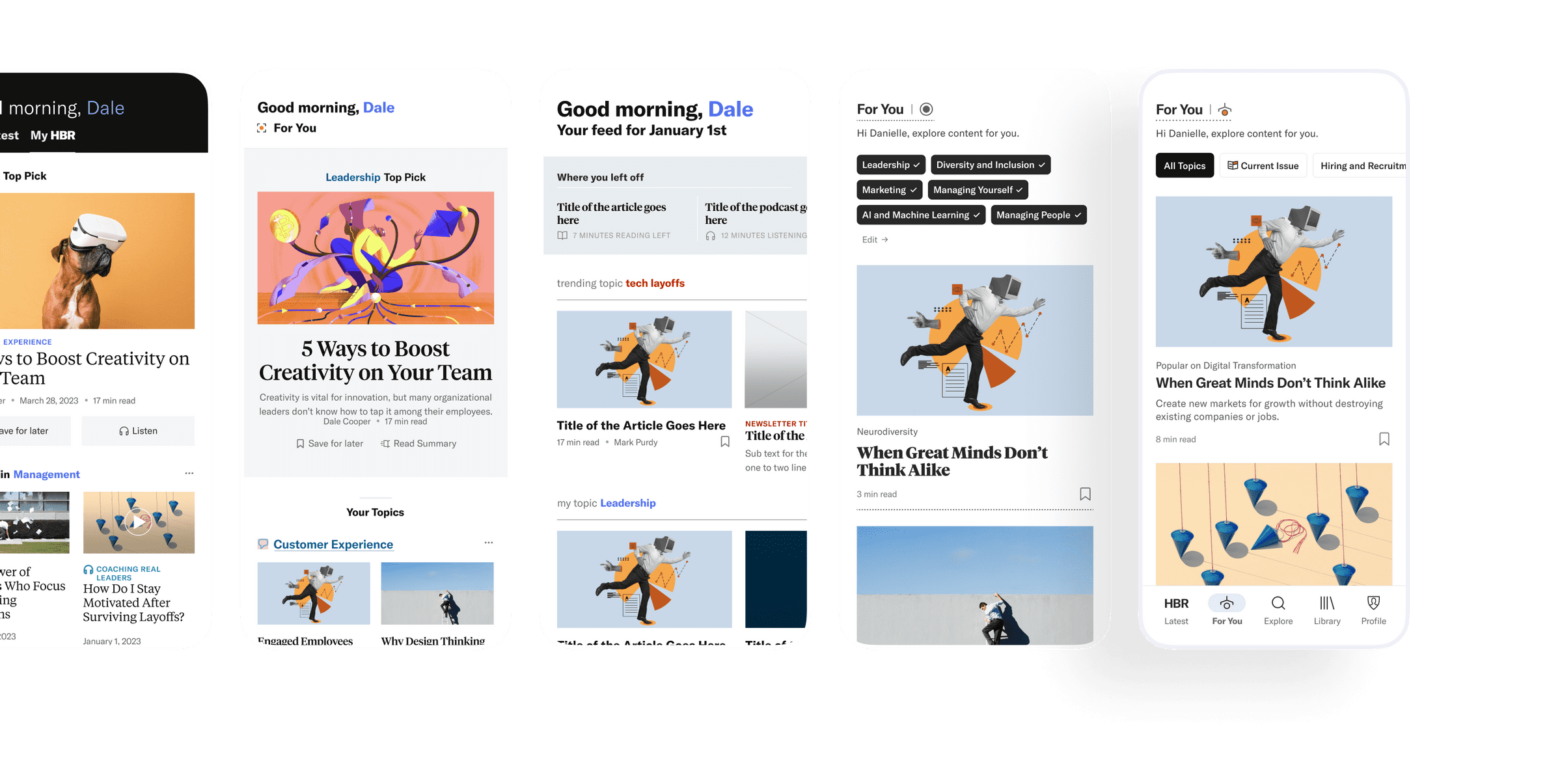 Iteration of the design of the HBR mobile app homepage. Showing different layouts and concepts.