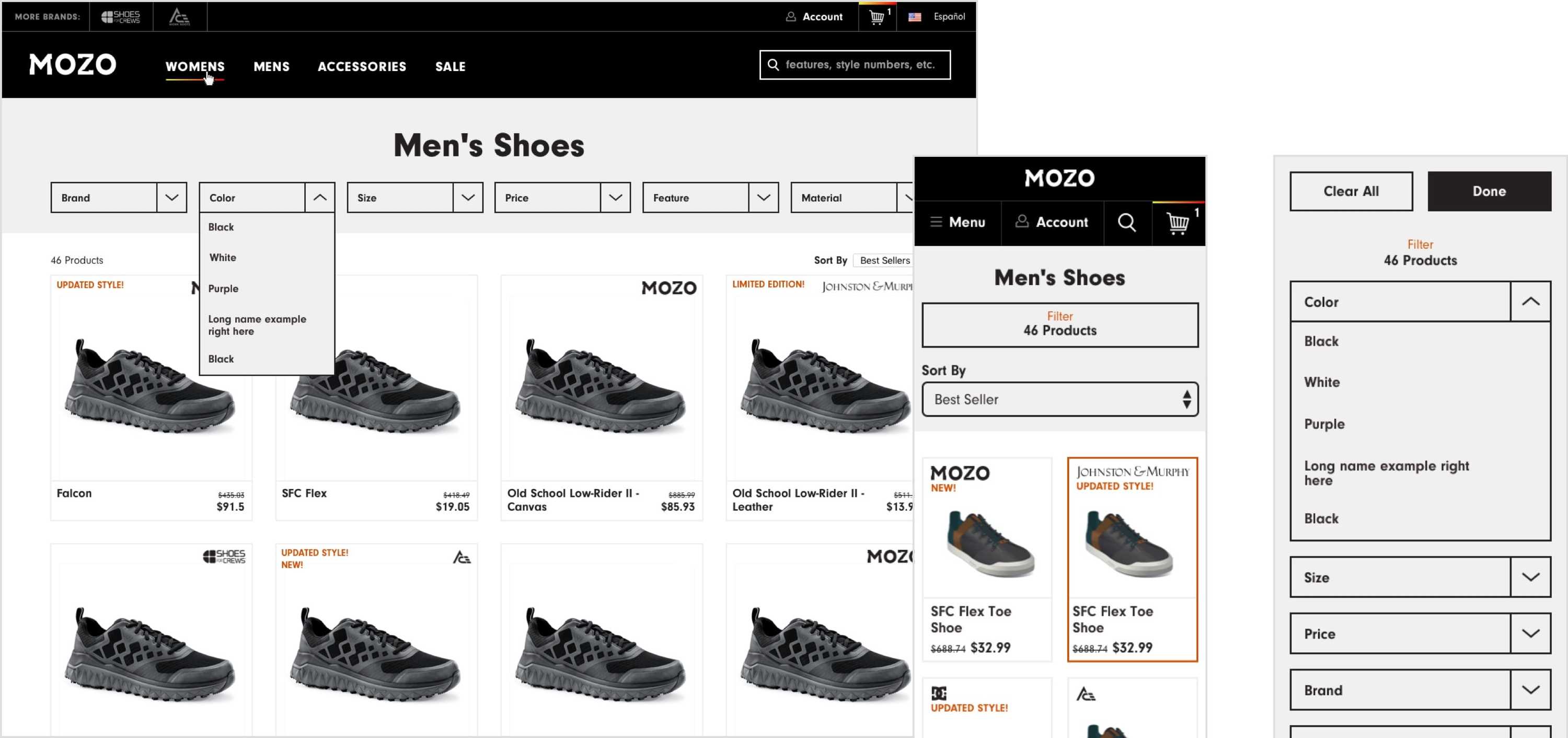 Screenshots of the design for the listing page of Mozo shoes. Shoes a grid of shoes in a white and black design with bold red and orange colors.