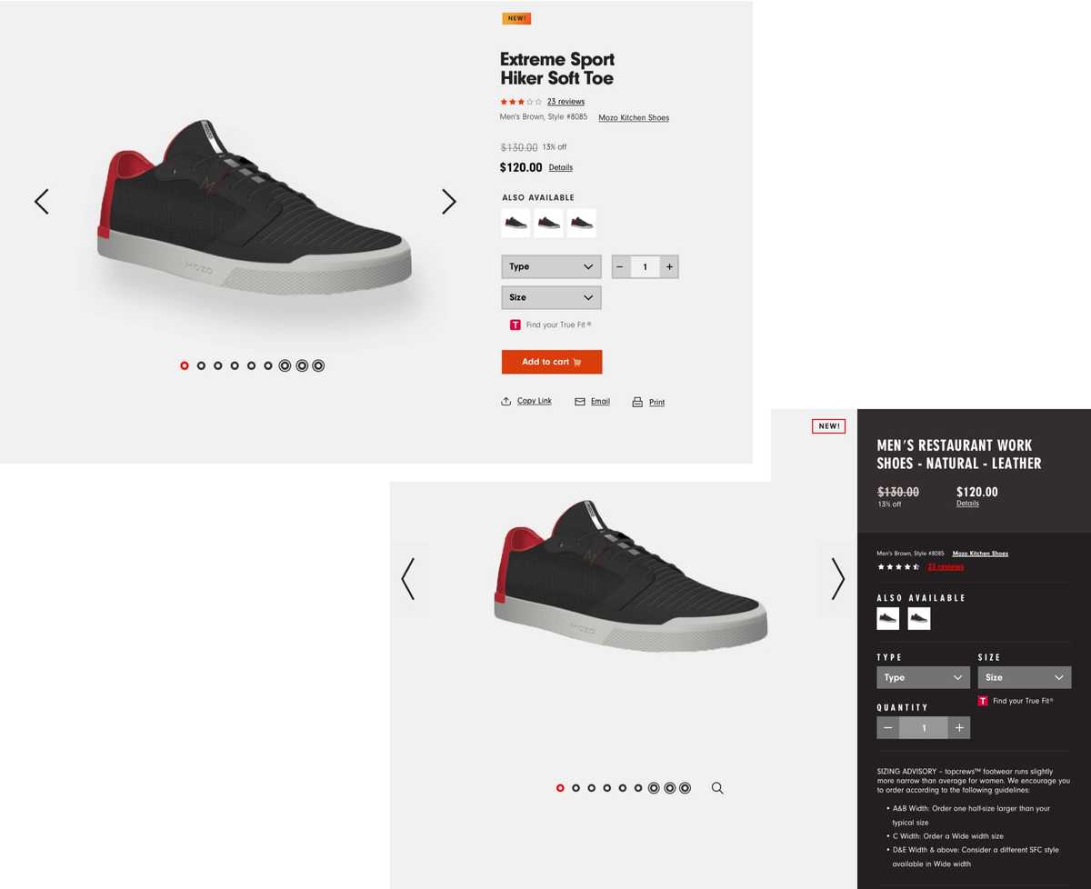 Screenshots of various designs for the product display area of the Mozo branded website. Shows an image of a shoe on the left and details about it on the right.