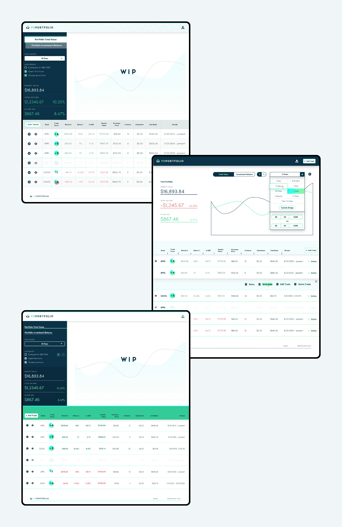 Screenshots of different screens in the YoPortfolio app.