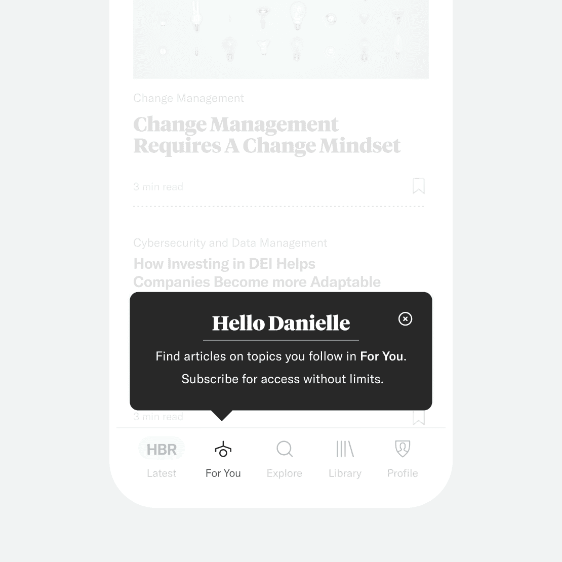 Welcome message in the HBR app.