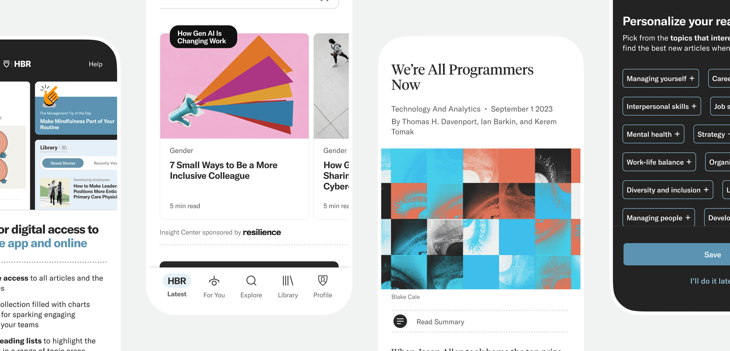 Four screens from the HBR app showing the onboarding flow and an article.